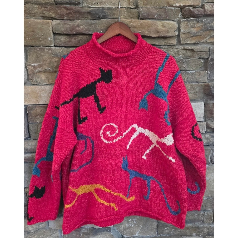 VTG RARE Boho Amano Handwoven Whimsical Folk Art Cat Motifs Sweater Mock Neck